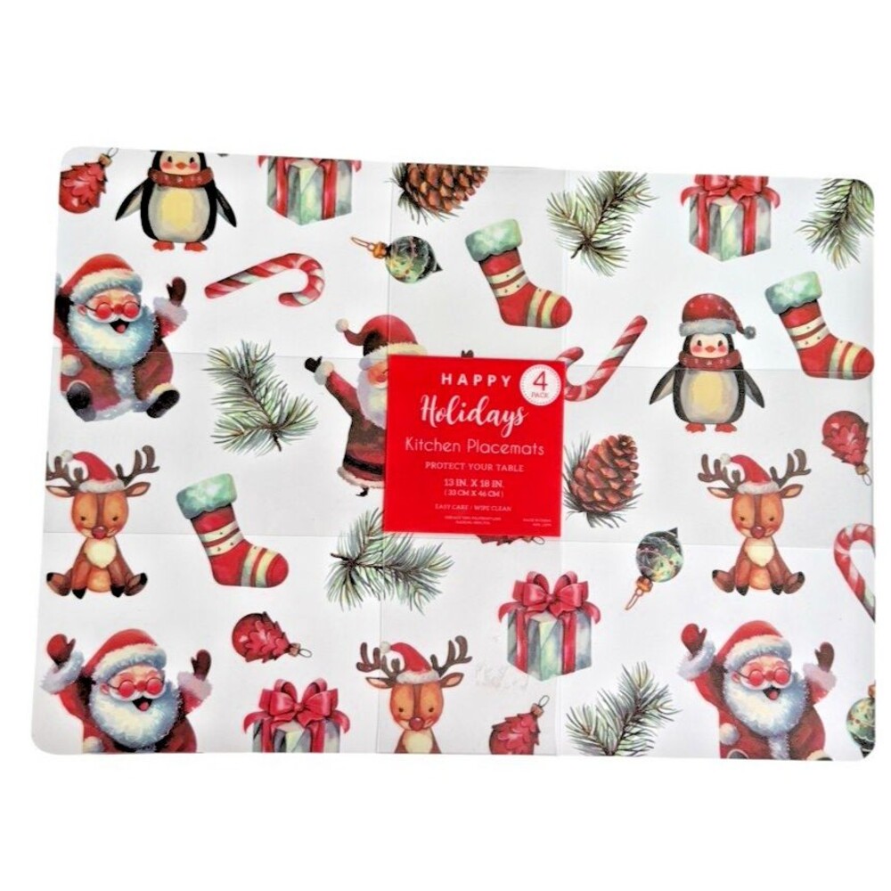 Christmas Placemats Santa Reindeer Set of 4 Vinyl Foam Back Holiday 13x18" White